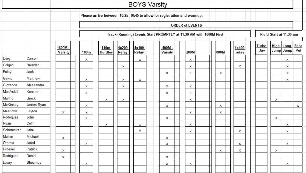 April 22nd 2018- Loyola Track Meet- Final Roster Of Events By Qas 